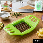 Indo Glow potato fries cutter slicing a large potato into uniform sticks.