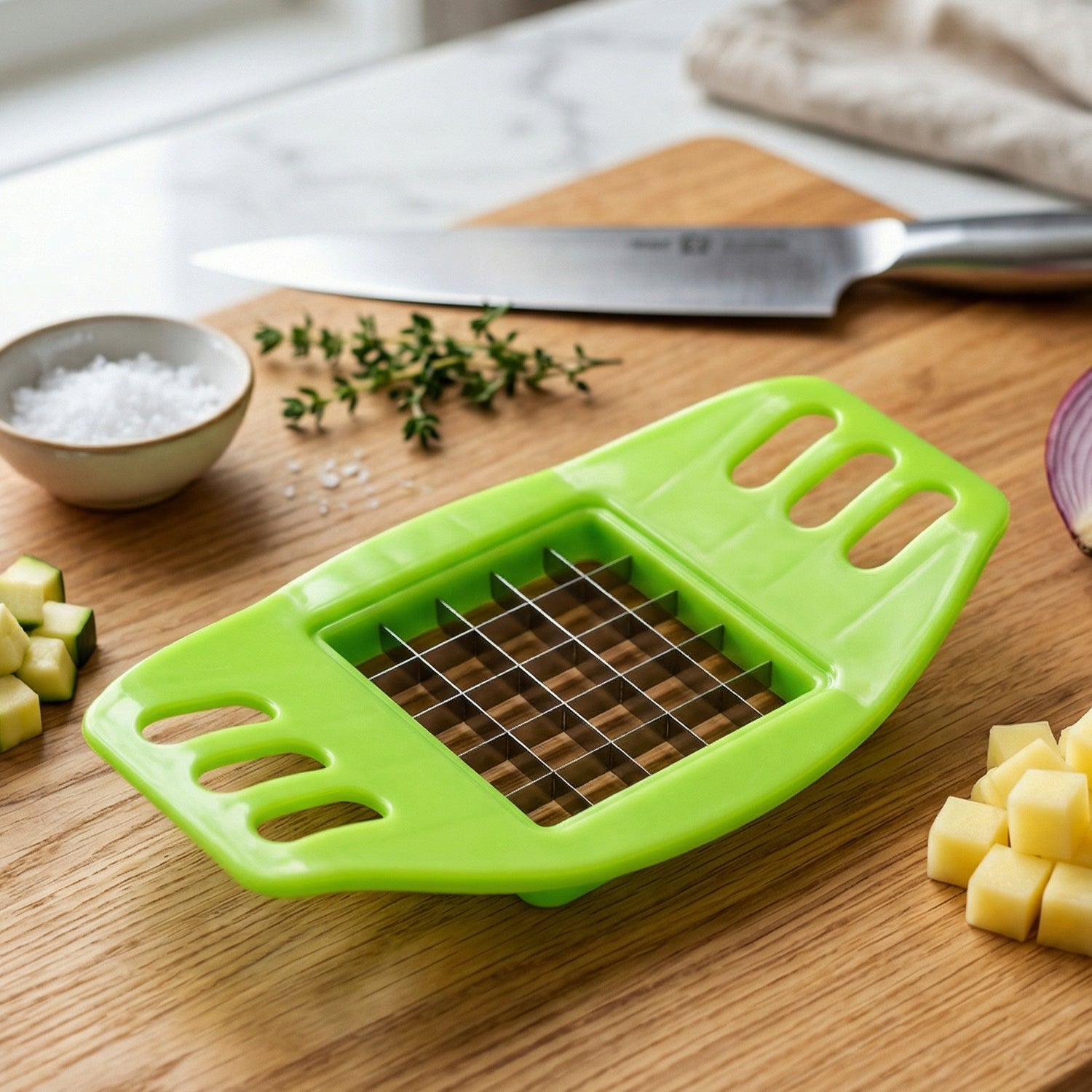 Close-up of Indo Glow potato cutter showing sharp stainless steel blades and ergonomic handle.