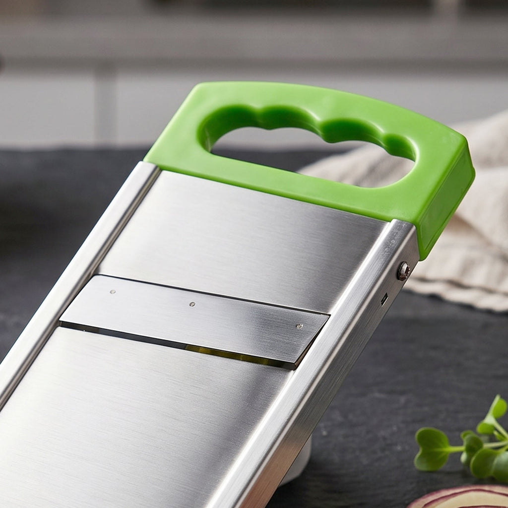 Image showing the durable construction of the steel potato slicer for long-term kitchen use.