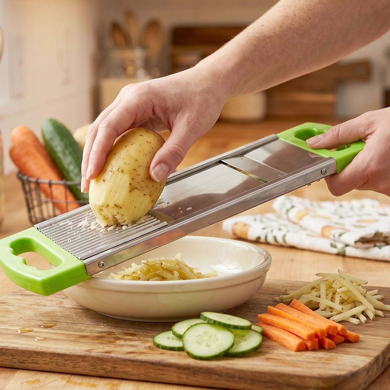 The potato slicer shown with potatoes, illustrating its primary use as a vegetable cutter.