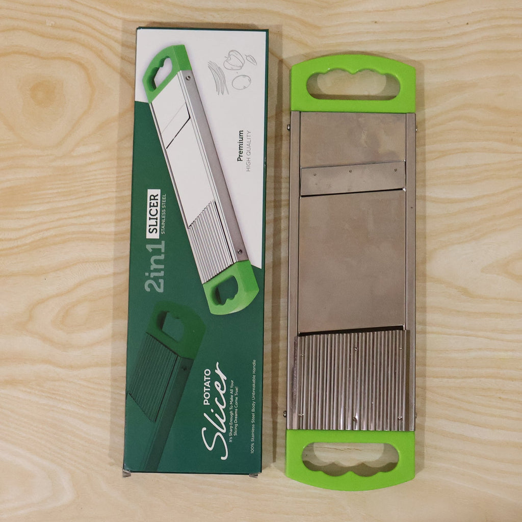 The potato slicer positioned on a kitchen counter, ready for meal preparation.