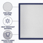 Ironing mesh press cloth protecting dark shirt fabric from iron shine