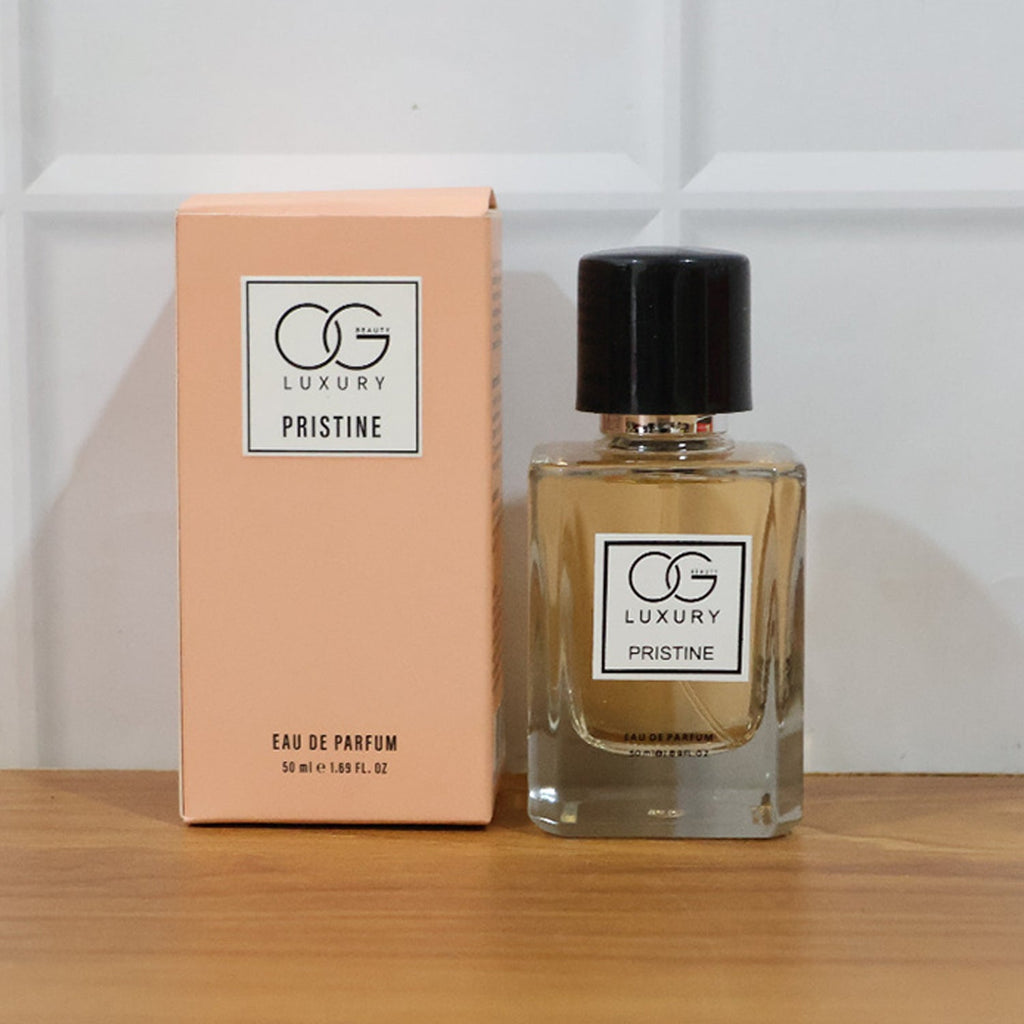Pristine Eau De Parfum bottle label displaying product information and branding