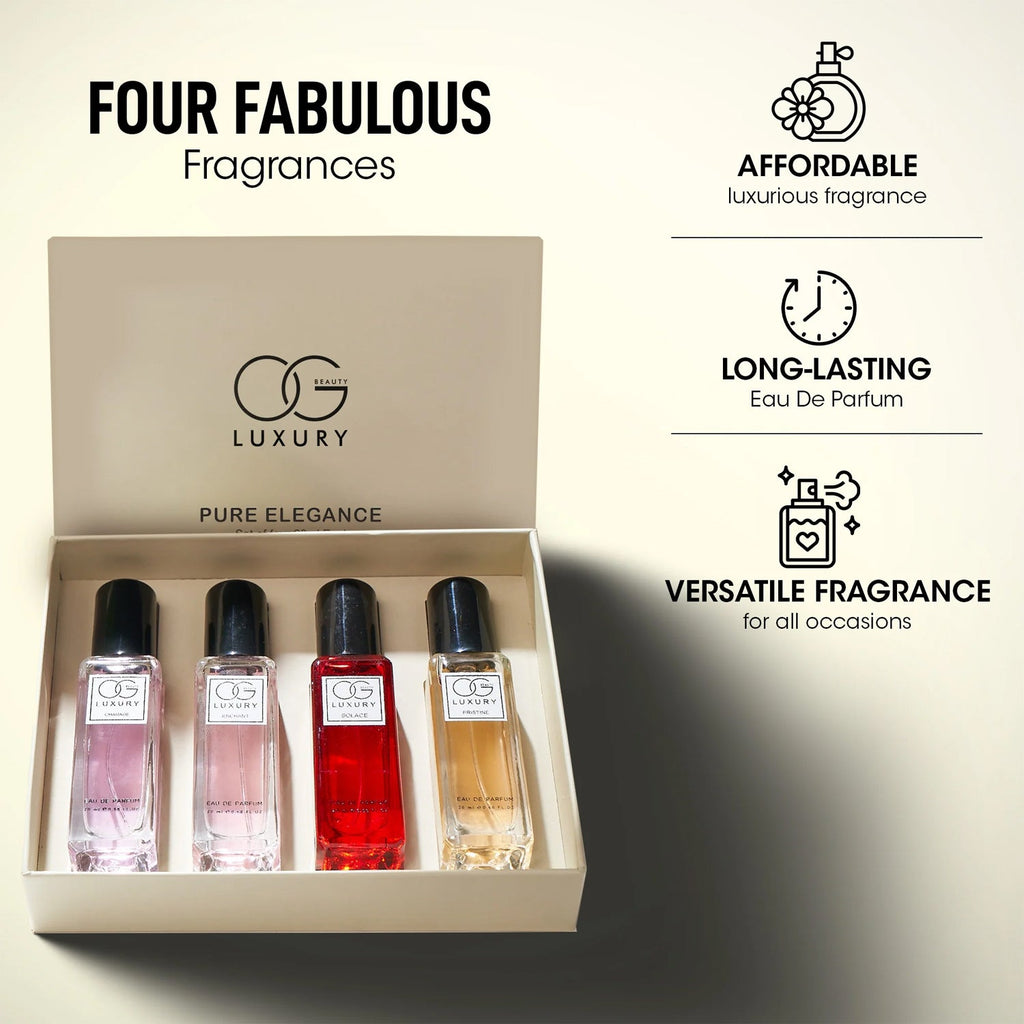 Arrangement of all four Pure Elegance 20ml fragrances in the Eau De Parfum Gift Set