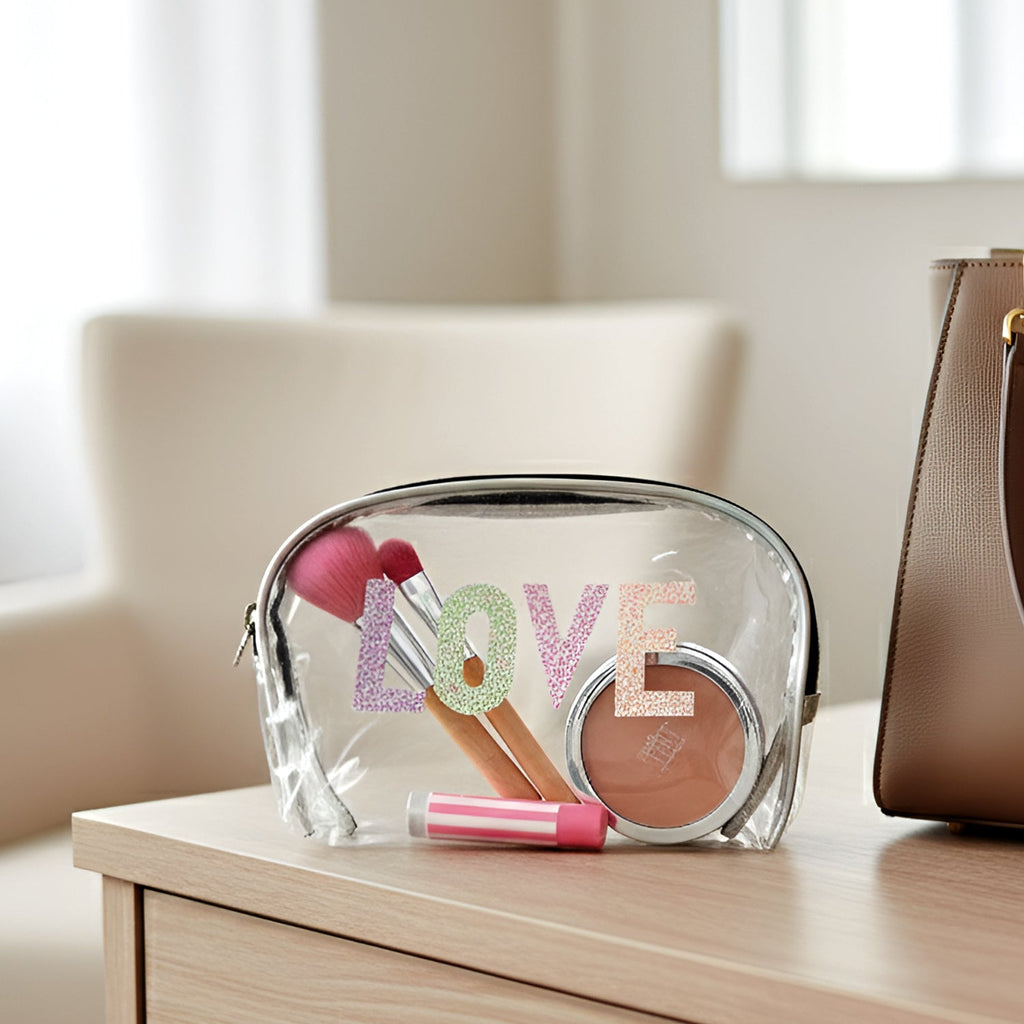 Portable 3-in-1 makeup bag set pouch with glitter LOVE design