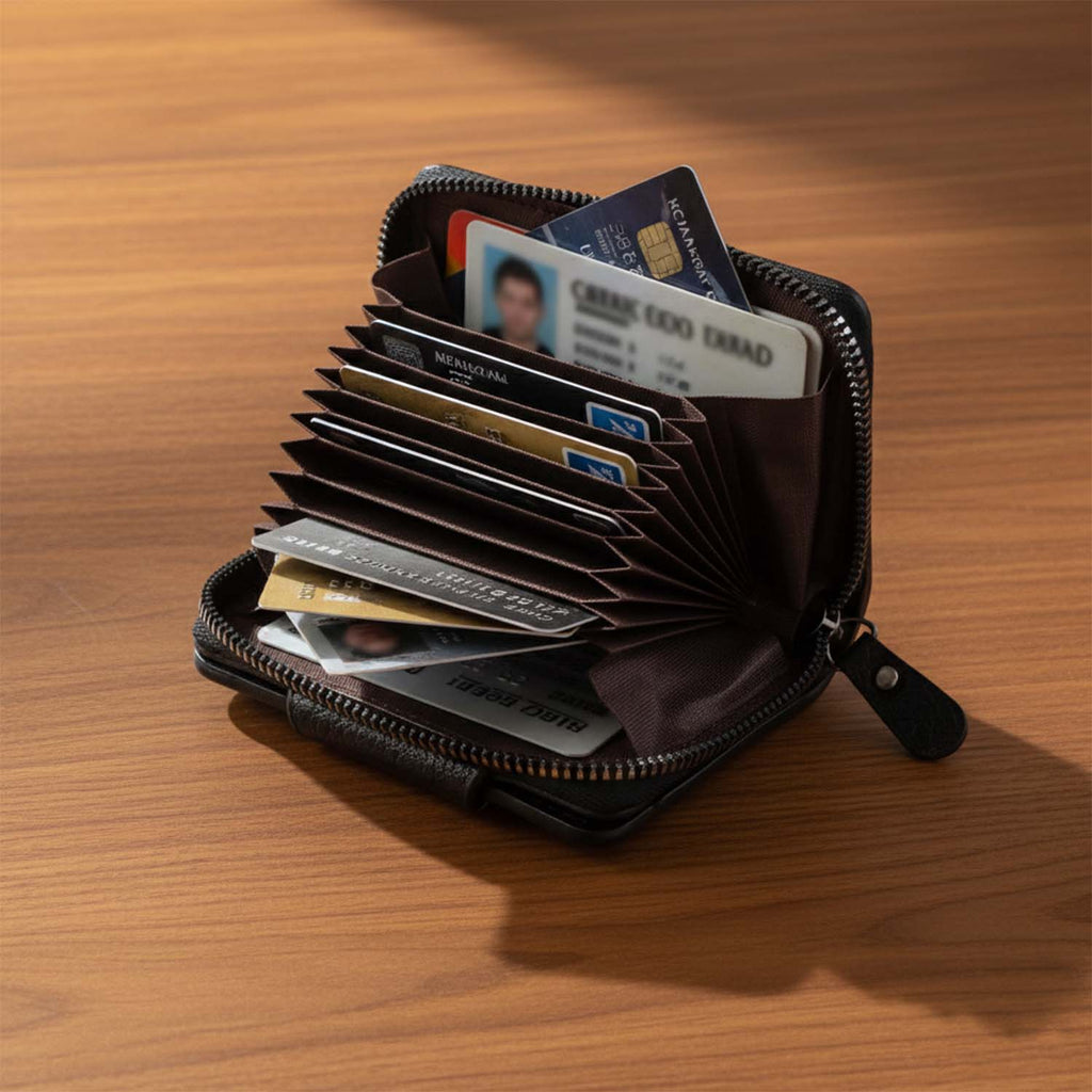 Side profile of premium black zip-around card holder wallet