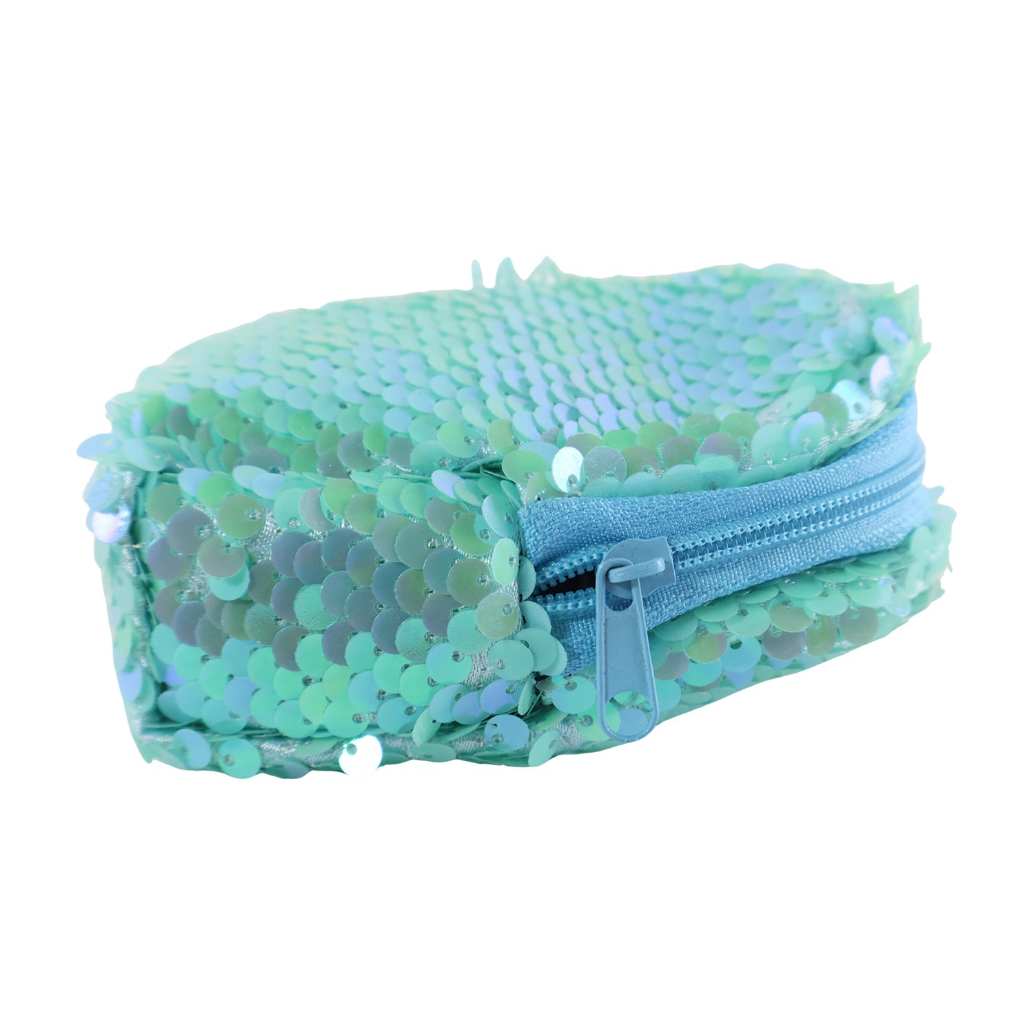 Sequin pouch displayed from an angle, highlighting its compact design.