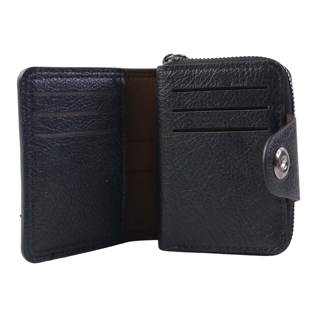 Accordion-style interior of black card holder wallet showing card organizer