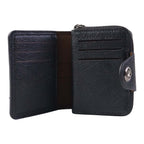 Accordion-style interior of black card holder wallet showing card organizer
