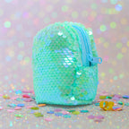 Back view of the sequin pouch with smooth fabric and neat stitching.