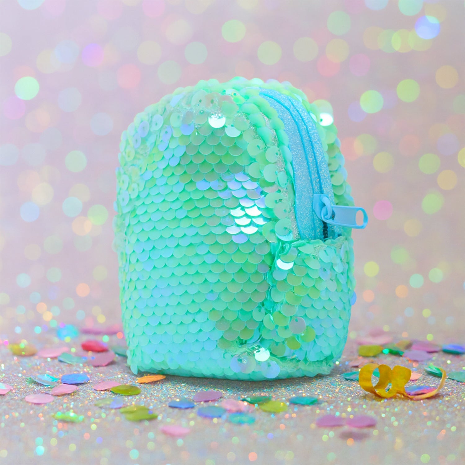 Back view of the sequin pouch with smooth fabric and neat stitching.