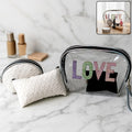 3-in-1 makeup bag set featuring transparent pouch with glitter LOVE design