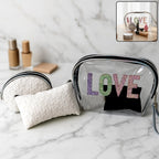 3-in-1 makeup bag set featuring transparent pouch with glitter LOVE design