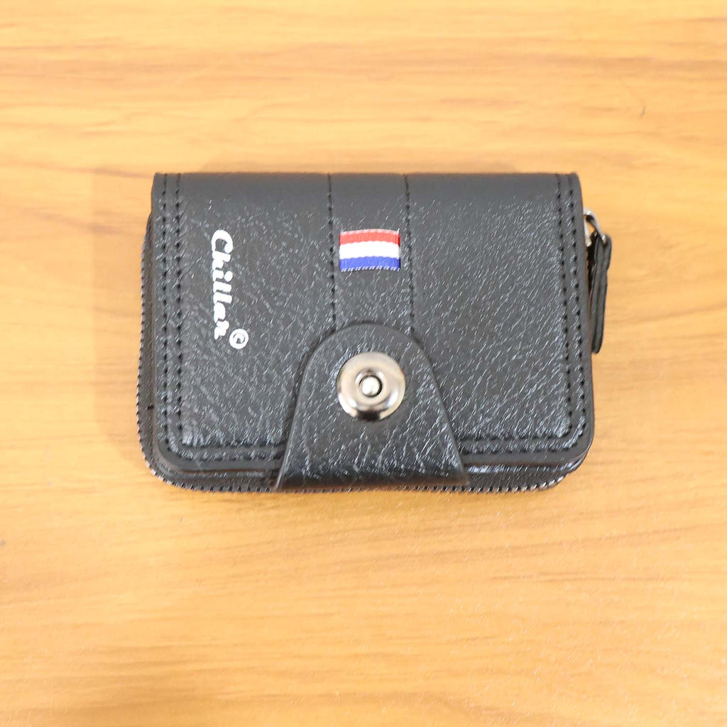 Premium black zip-around card holder wallet being used to store cards