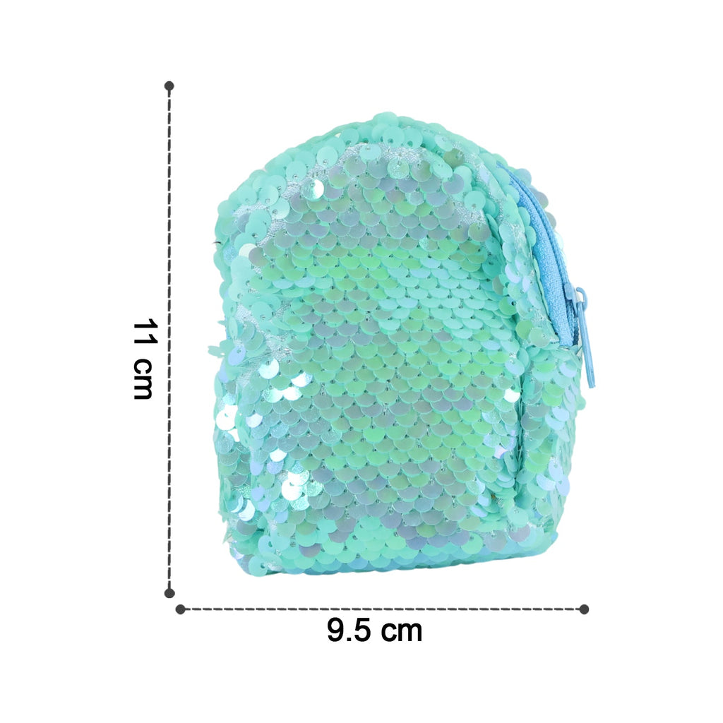 Dimensions of the sequin pouch clearly illustrated with measurements.