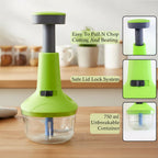 Manual vegetable and fruit chopper with ergonomic handle and clear container
