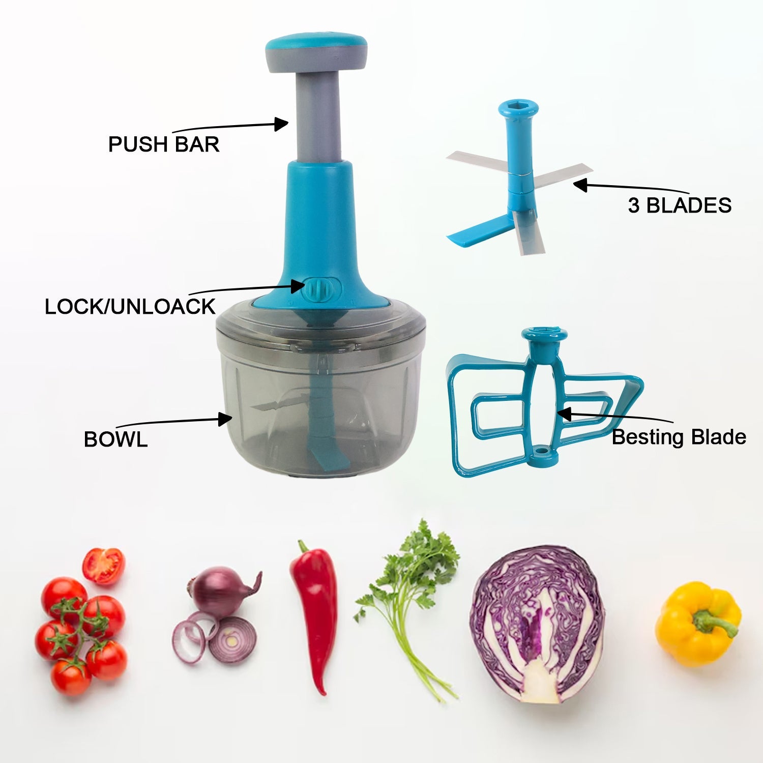 Fresh chopped vegetables from push chopper manual vegetable cutter.