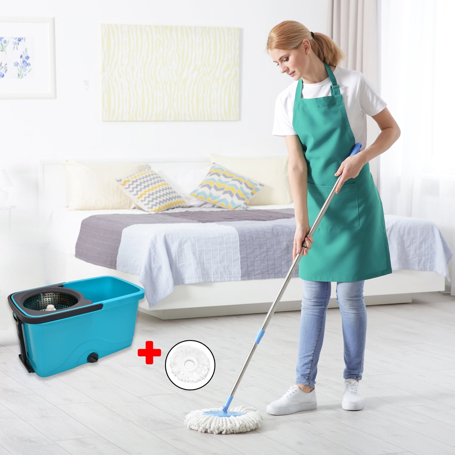 User easily moving the spin mop bucket with its integrated wheels and puller handle.