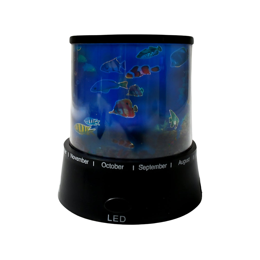 A child's bedroom bathed in the calming blue and green light from the star projector lamp.