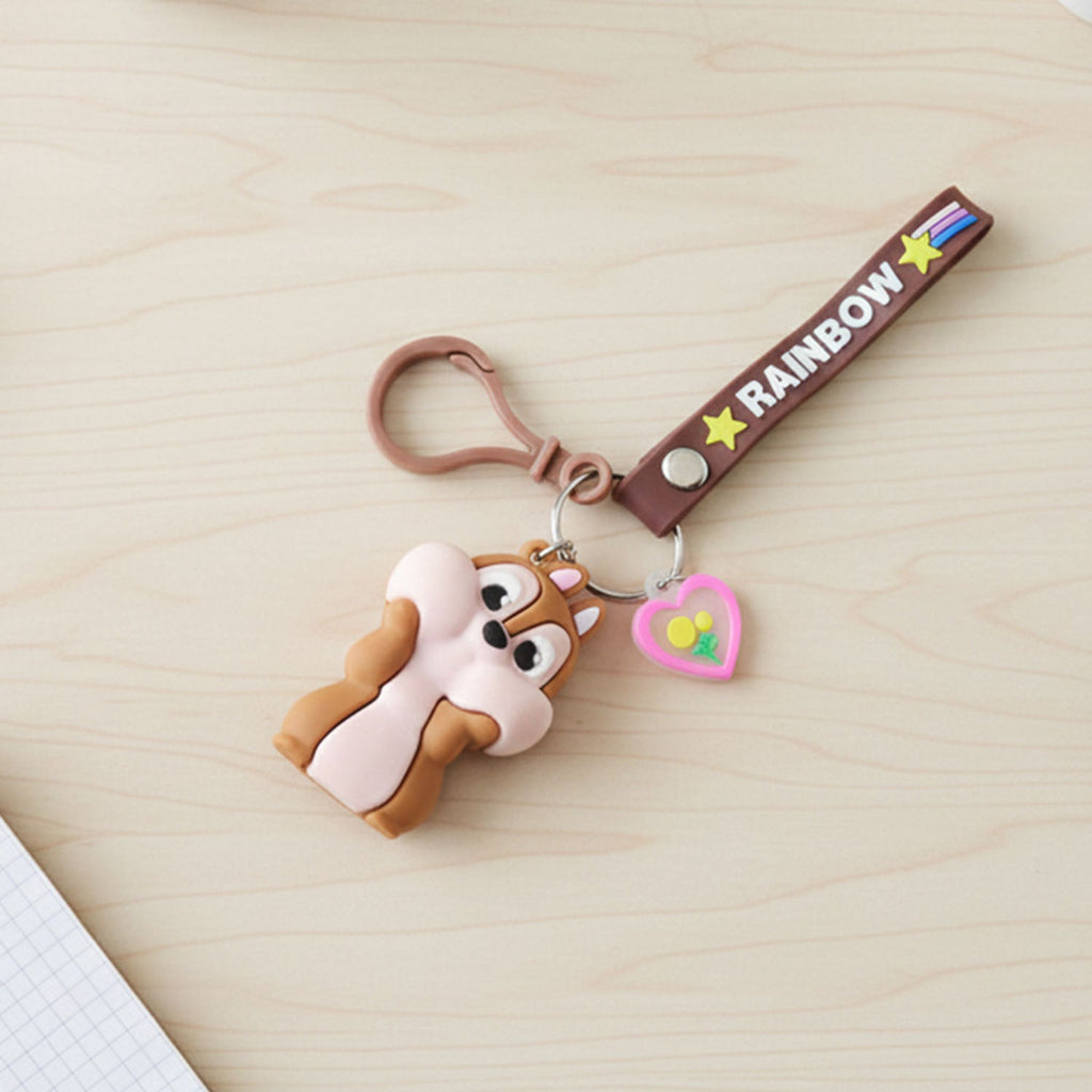 Closeup of silicone keychain strap featuring bright rainbow colours