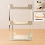 3-tier storage organizer rack with plastic trays and metal rod support