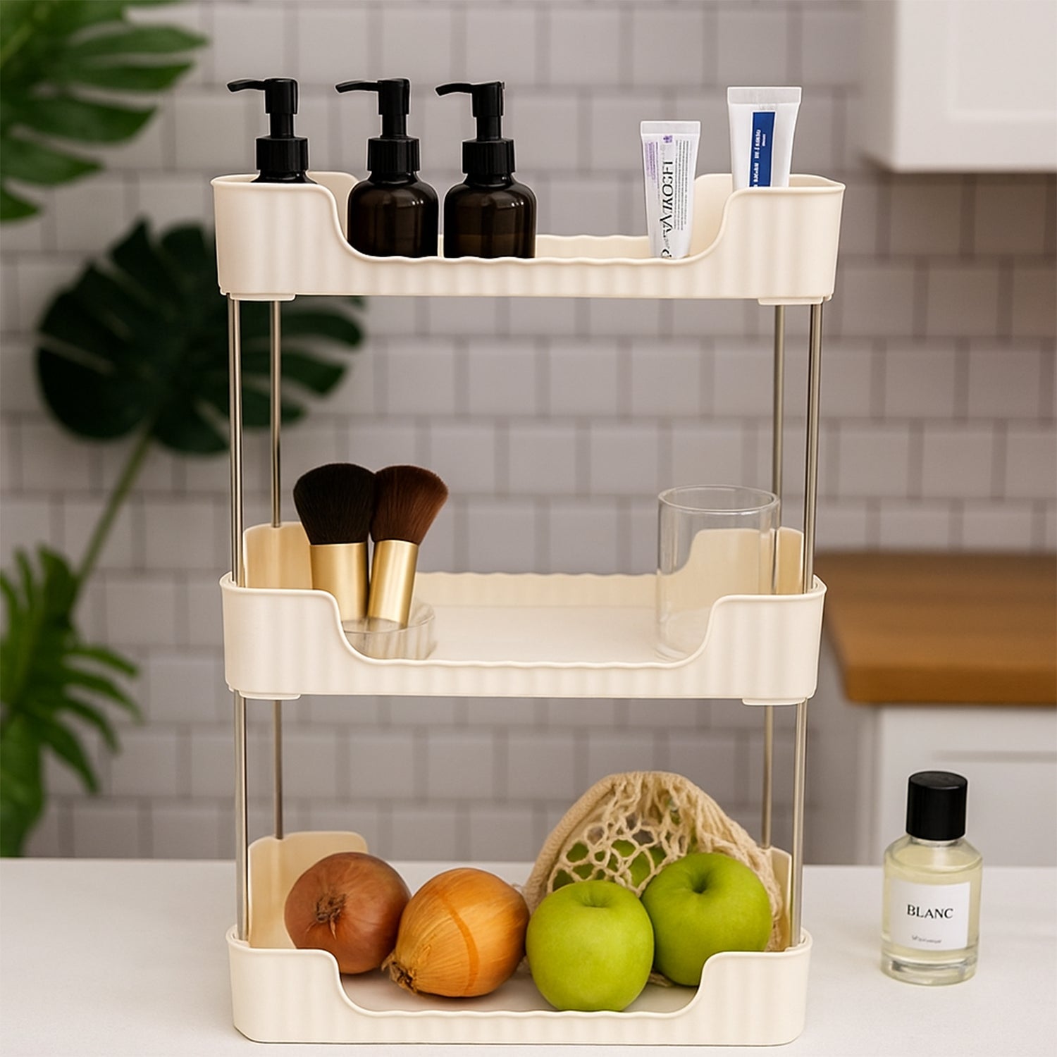 Modular plastic and metal storage rack for toiletries and makeup