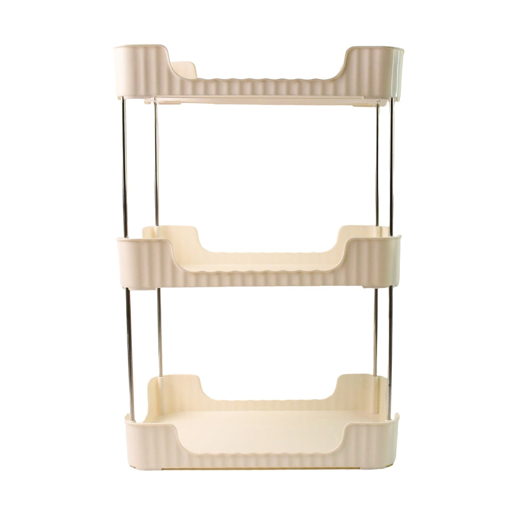 Compact plastic tier shelf with metal rods for corner storage
