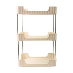 Compact plastic tier shelf with metal rods for corner storage