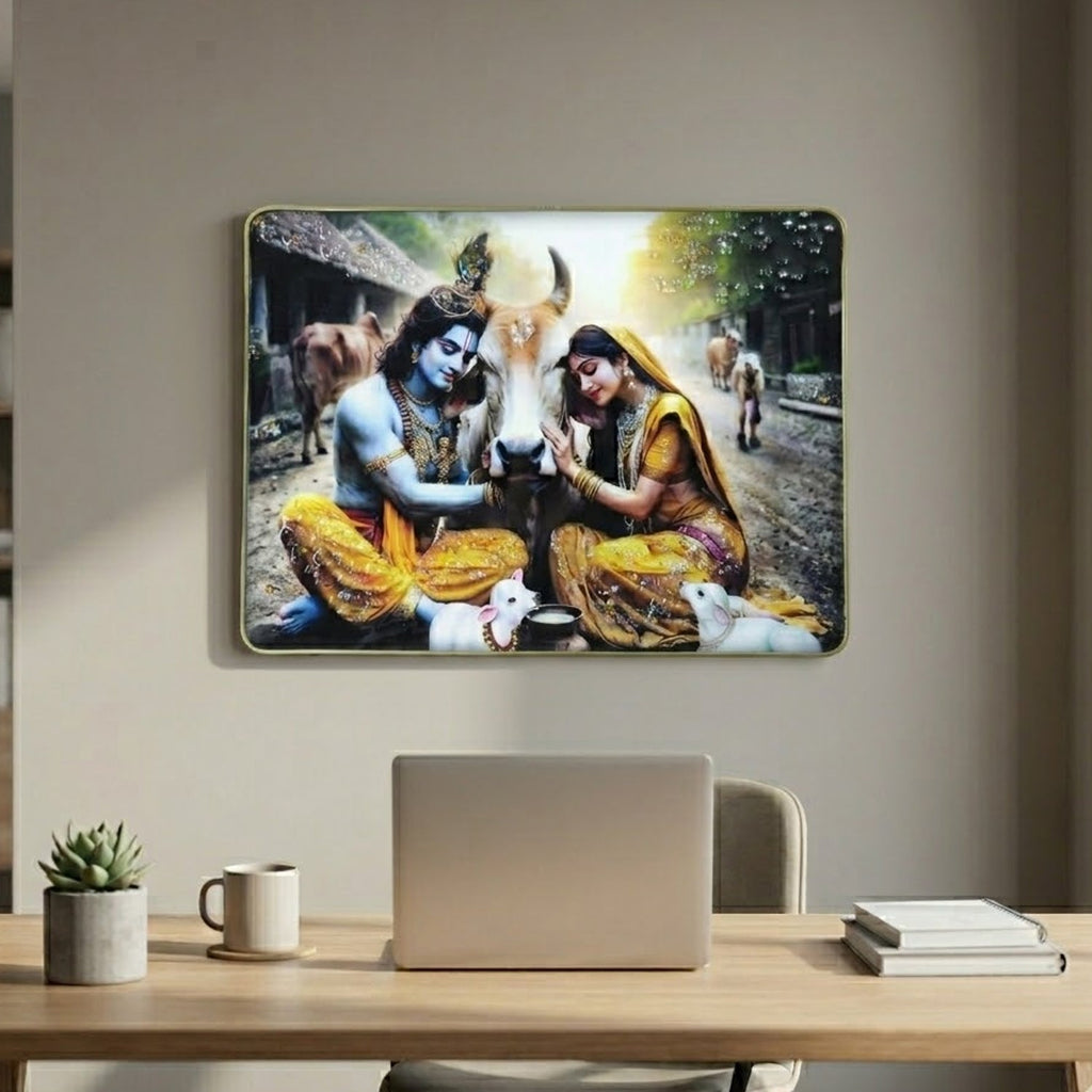 Spiritual Radha Krishna village scene wall art panel