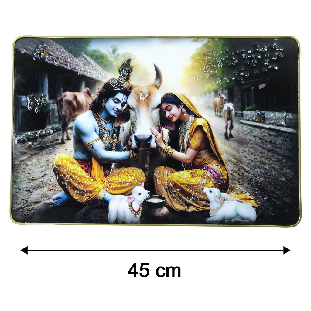 Vibrant Radha Krishna pastoral artwork in wooden wall frame
