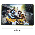 Vibrant Radha Krishna pastoral artwork in wooden wall frame