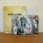 Detailed Radha Krishna wall art in wooden frame suitable for sacred spaces