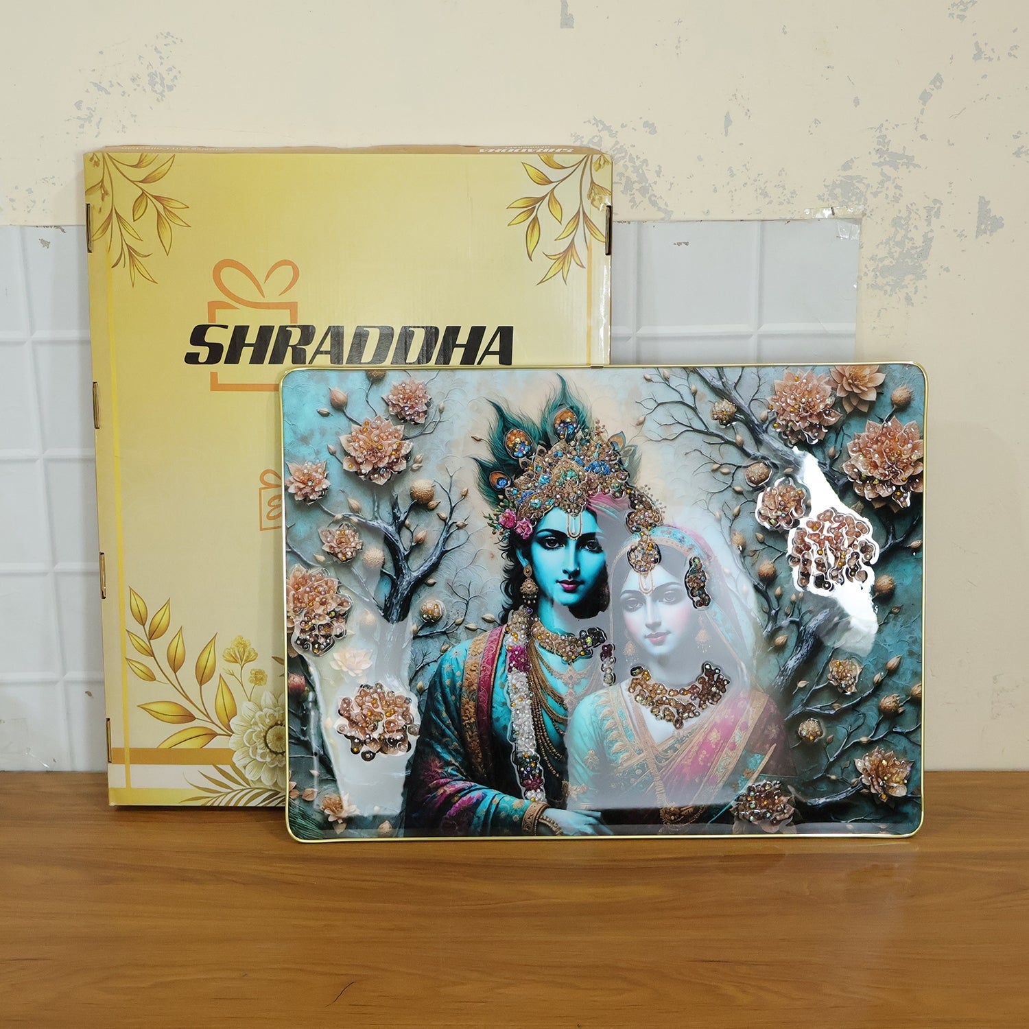 Detailed Radha Krishna wall art in wooden frame suitable for sacred spaces
