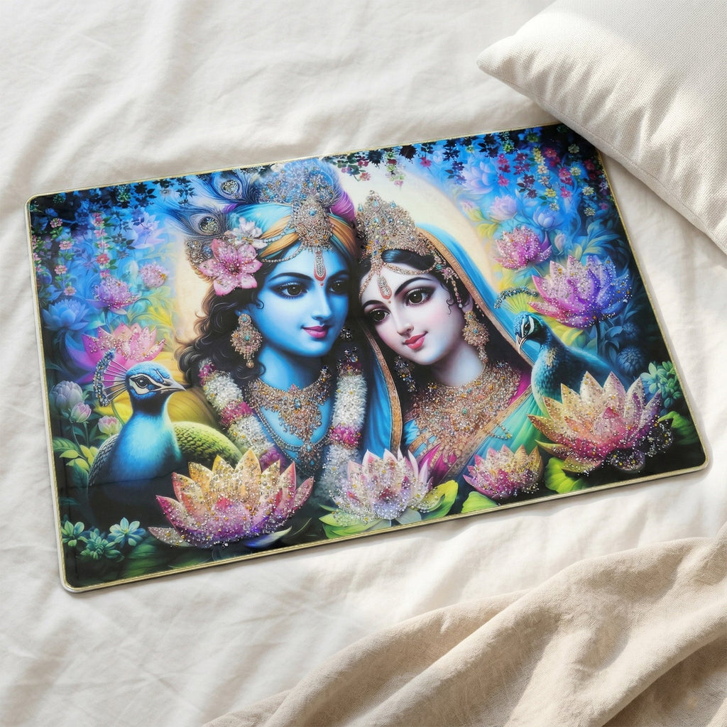 Close-up of Radha Krishna artwork, vibrant colors and fine detail