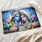 Close-up of Radha Krishna artwork, vibrant colors and fine detail