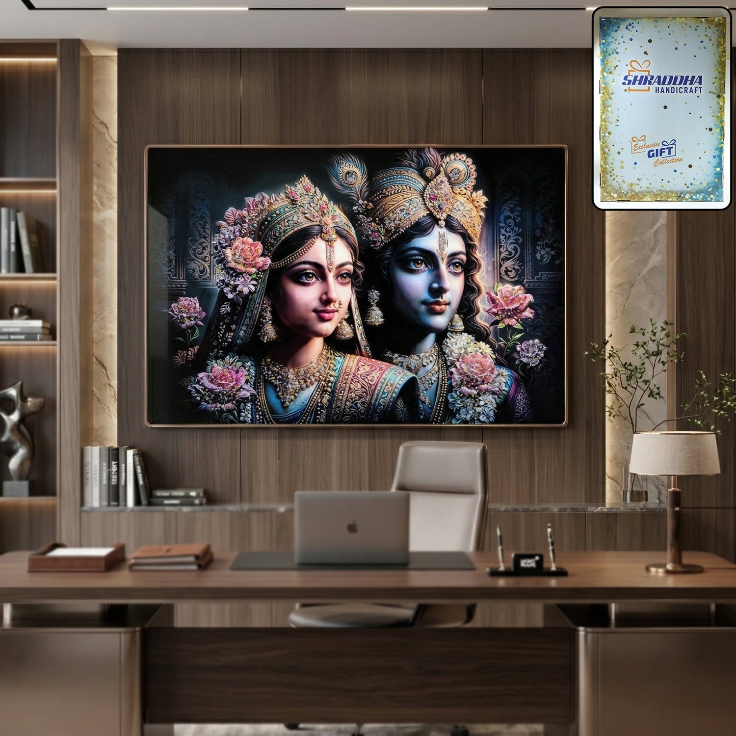 Radha Krishna artwork in royal wall frame, ideal spiritual home decor