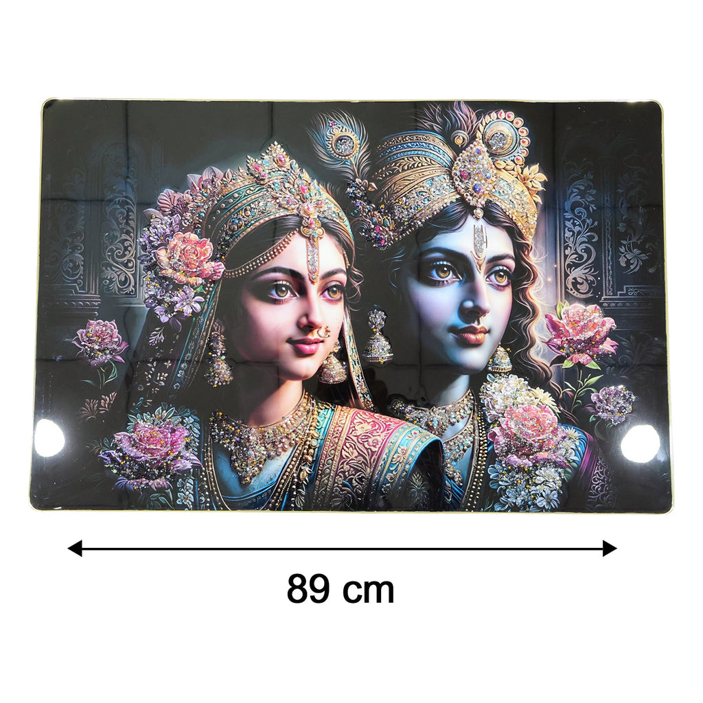 Close-up of Radha Krishna artwork in large wall frame
