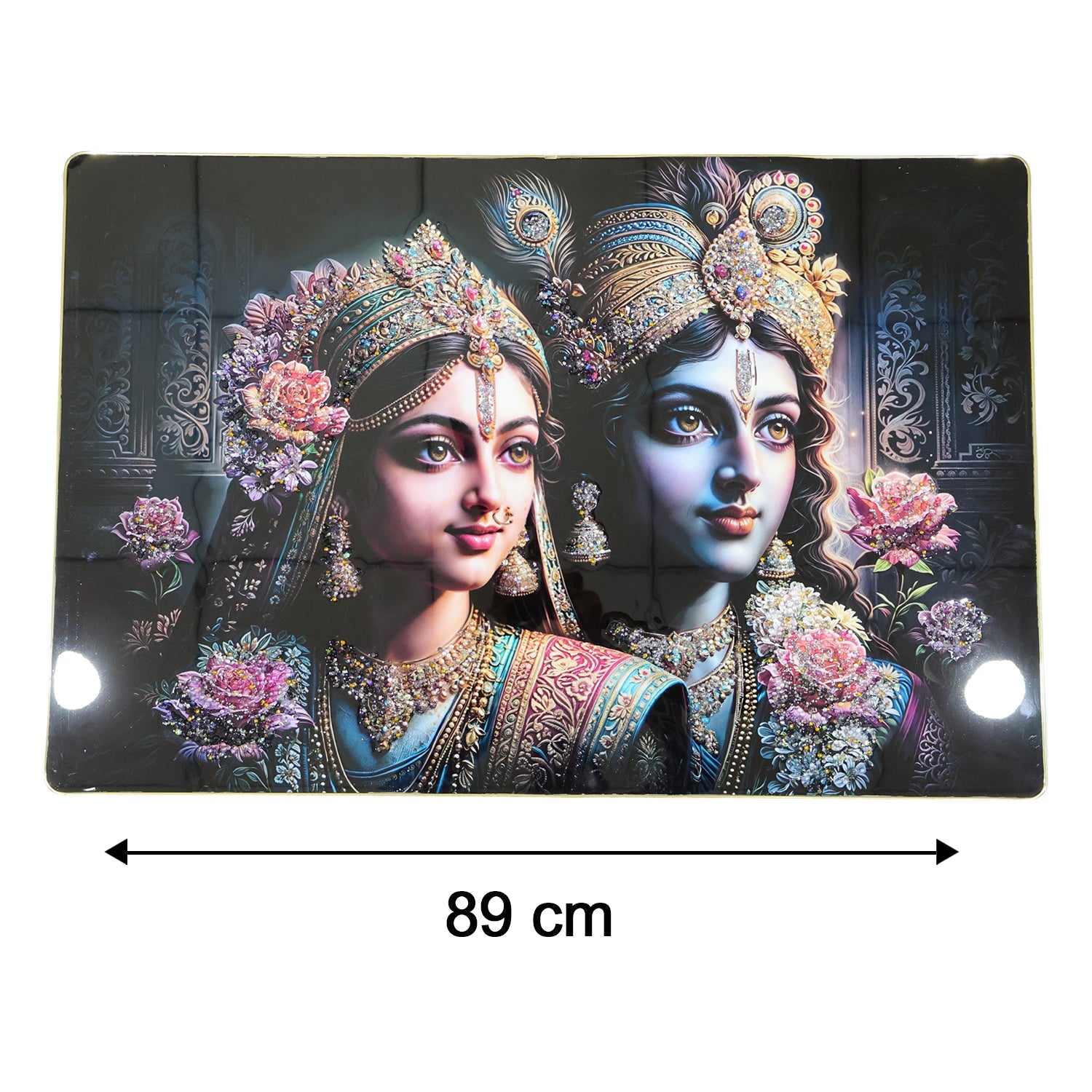 Close-up of Radha Krishna artwork in large wall frame