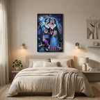 Radha Krishna themed wall art with full moon background