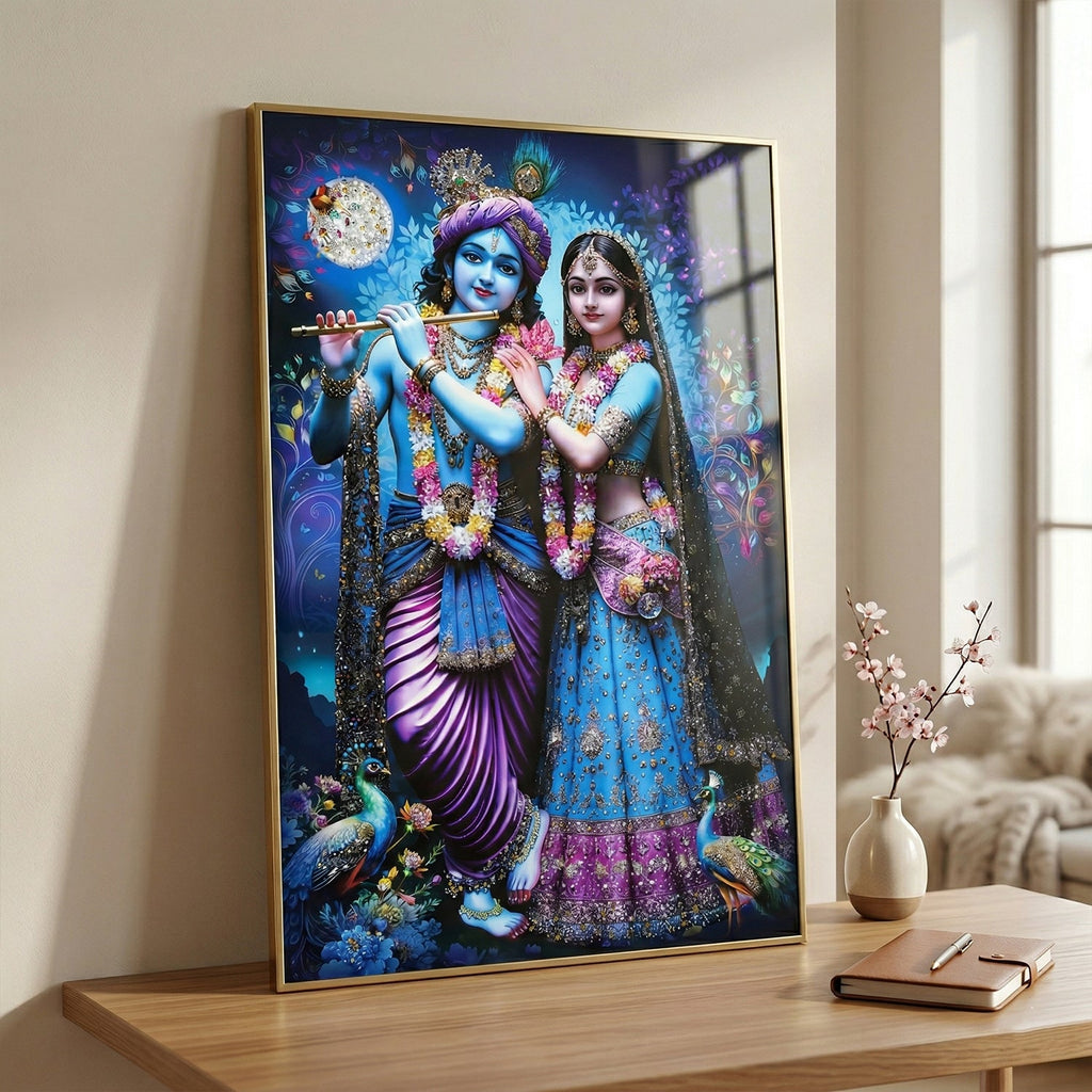 Side view of vibrant Radha Krishna wall decor