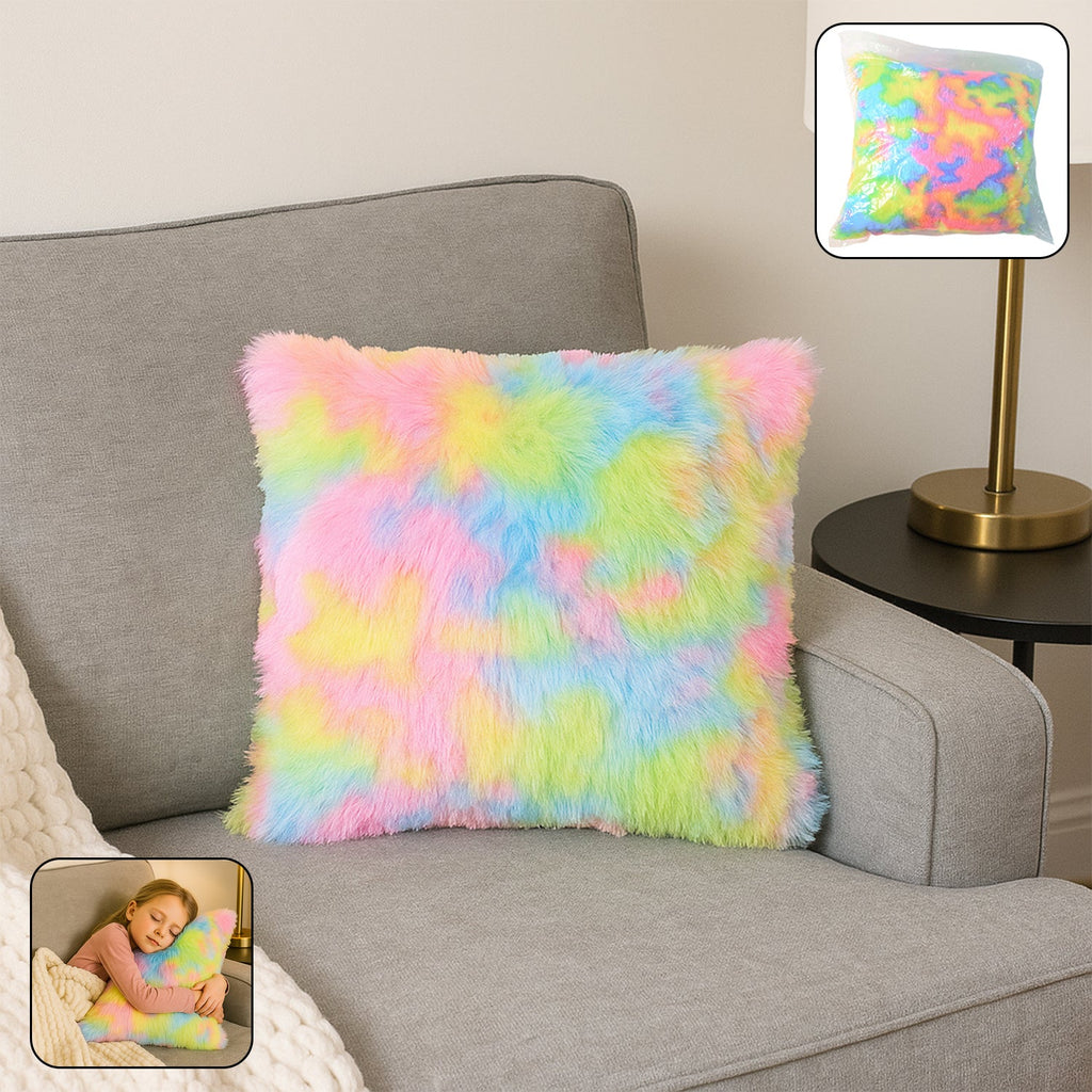 Soft plush rainbow cushion pillow with vibrant multicolor pattern