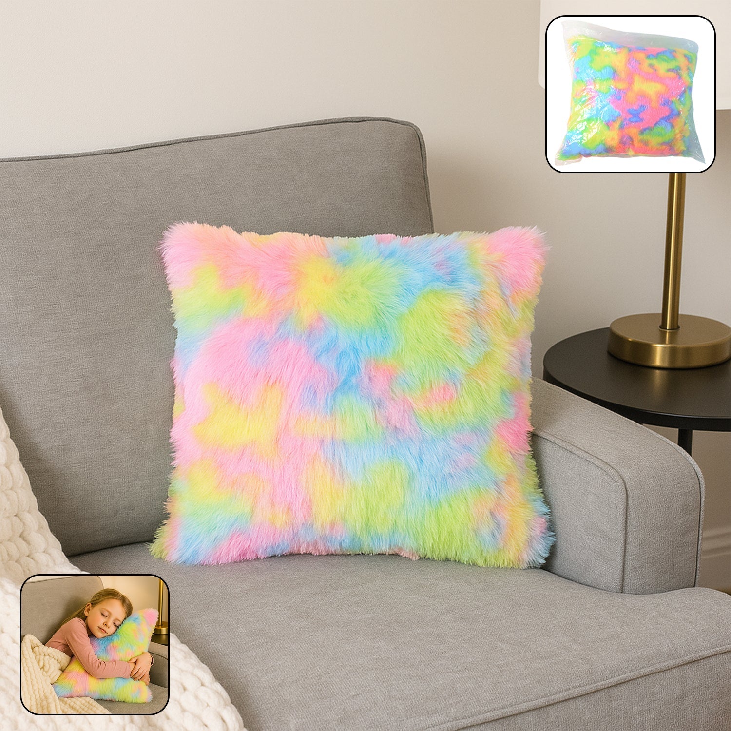 Soft plush rainbow cushion pillow with vibrant multicolor pattern
