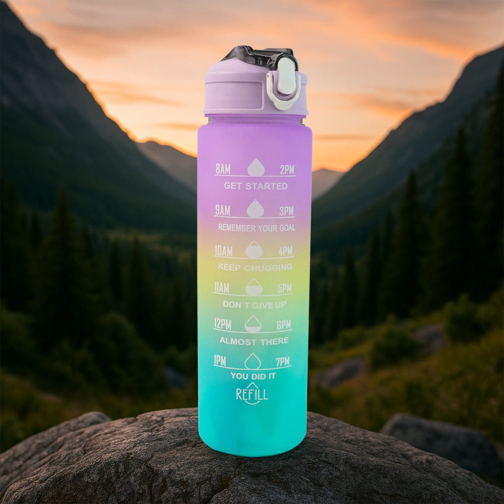 Ergonomic Motivational Water Bottle with a durable carry strap, ideal for on-the-go hydration.