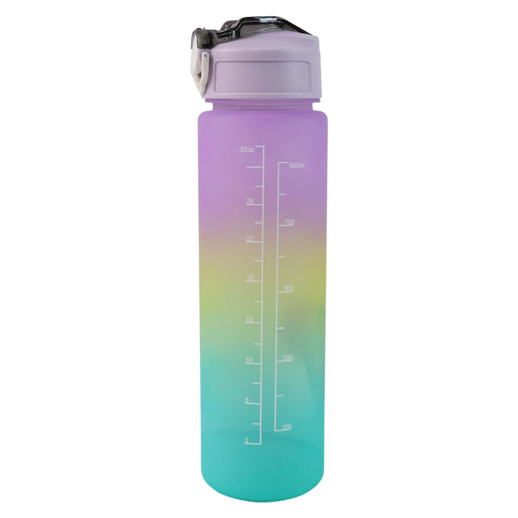 Detail shot of the BPA-Free Motivational Water Bottle displaying its inspiring text and measurement scale.