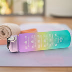 Close-up of the Motivational Water Bottle's time markers and inspiring slogans for daily hydration tracking.