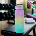 Front view of the Motivational Water Bottle with time markers and a vibrant design.