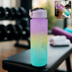 Front view of the Motivational Water Bottle with time markers and a vibrant design.
