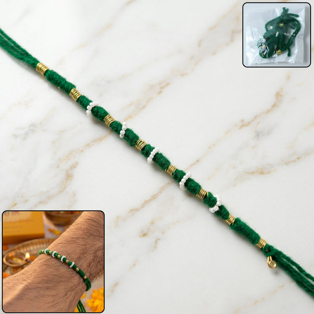 Traditional green thread rakhi decorated with white pearl beads