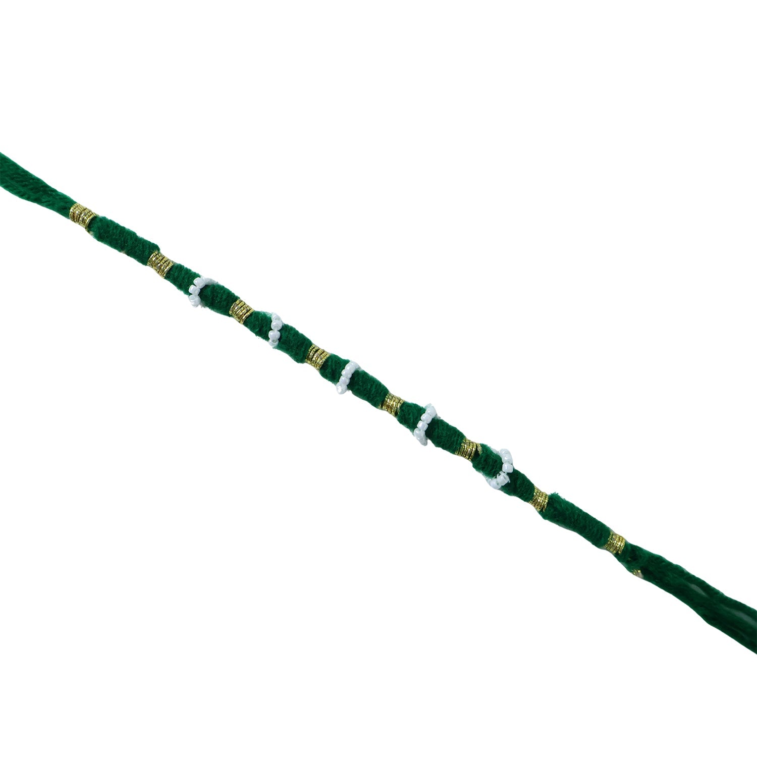 Green Mauli thread rakhi with decorative bead work
