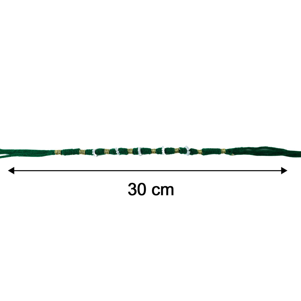 Size view of traditional green beaded rakhi